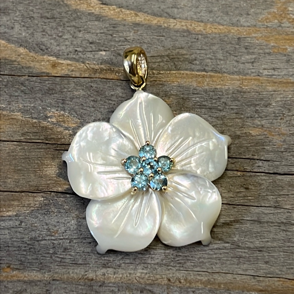 14k & Mother Of Pearl & Blue Topaz Flower Pendant